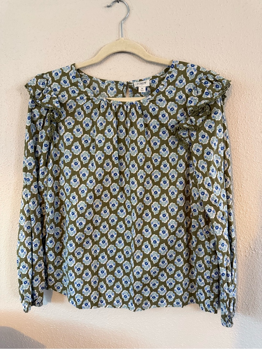 J. Crew Olive Floral Ruffle-Trim Long Sleeve Blouse with Blue and White Flowers